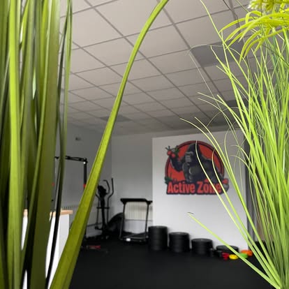 Wnętrze studia Active Zone w Jarocinie z logo goryla na ścianie i sprzętem do treningu